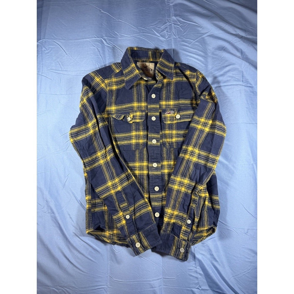 Hollister Mens Blue Yellow Plaid Flannel Button Up Shirt Small Long Sleeve